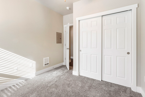 a bedroom with two closets and a carpeted floor