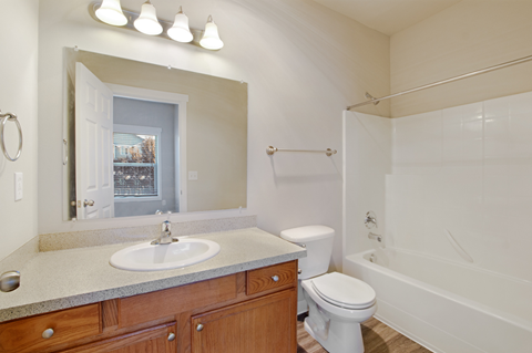a bathroom with a sink toilet and shower and a mirror
