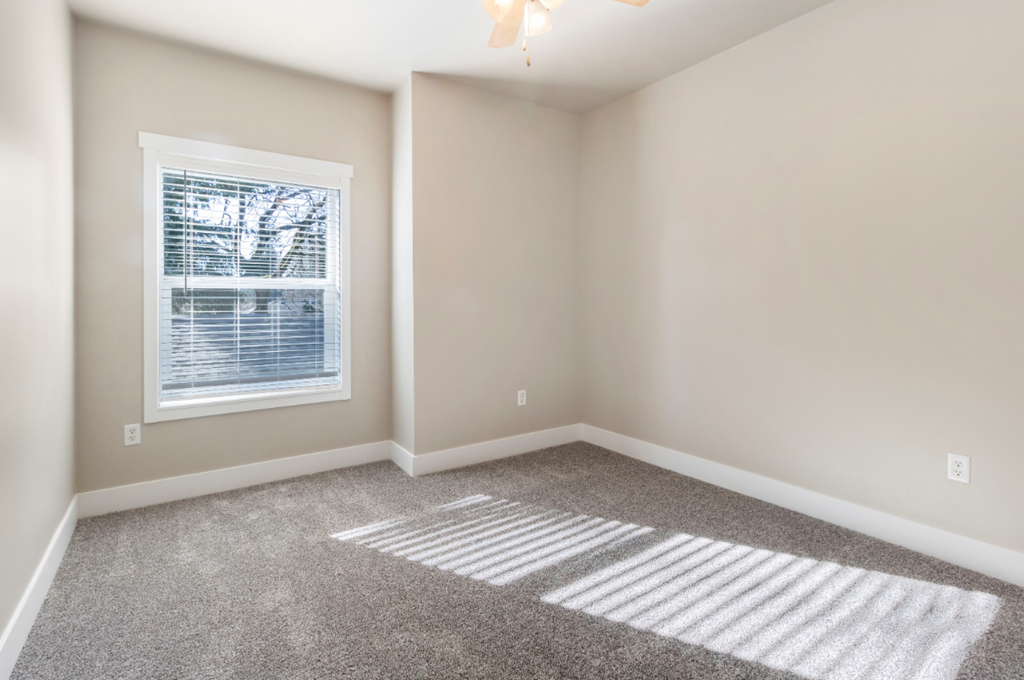 an empty room with carpet and a window