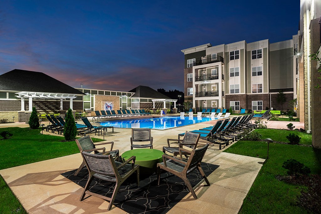 Poolside patio seating at Mosaic at Levis Commons, Perrysburg, 43551
