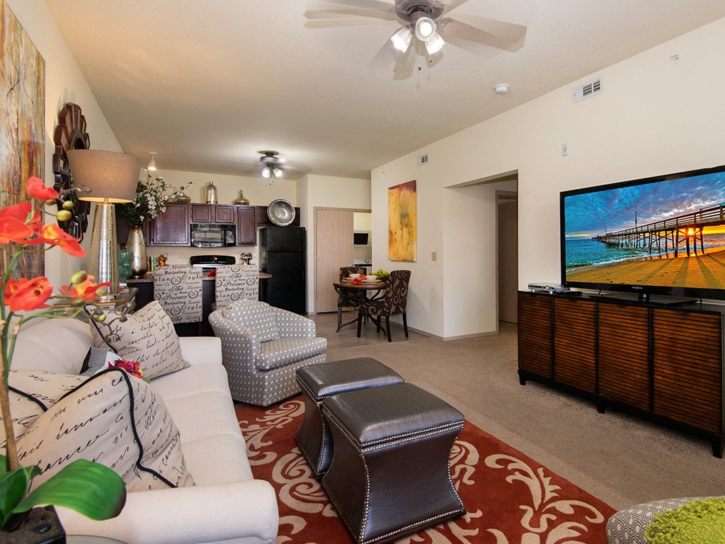 a living room with a couch and a tv