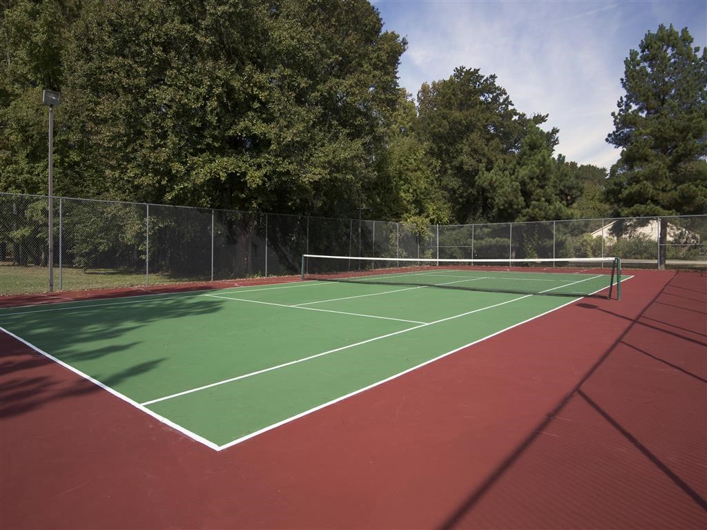 a tennis court with a fence and trees in the background