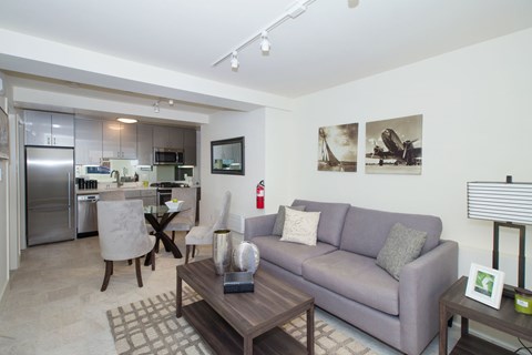 A living room with a grey couch and a coffee table.