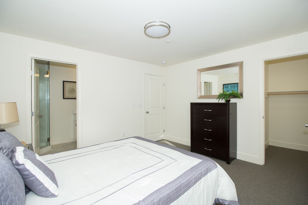 A bedroom with a large bed and a dresser.