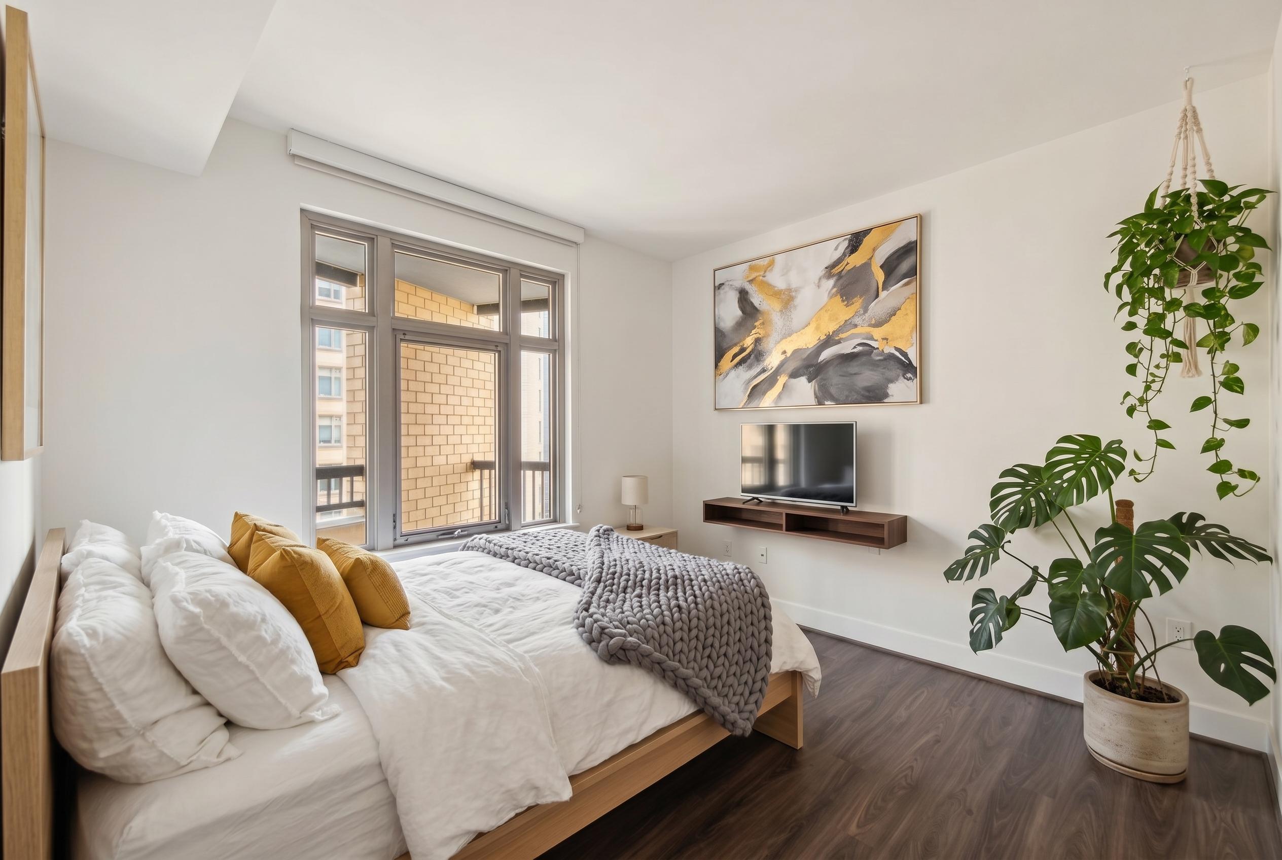 bedroom with bed, small tv, plants in the corner, dark wood flooring and window