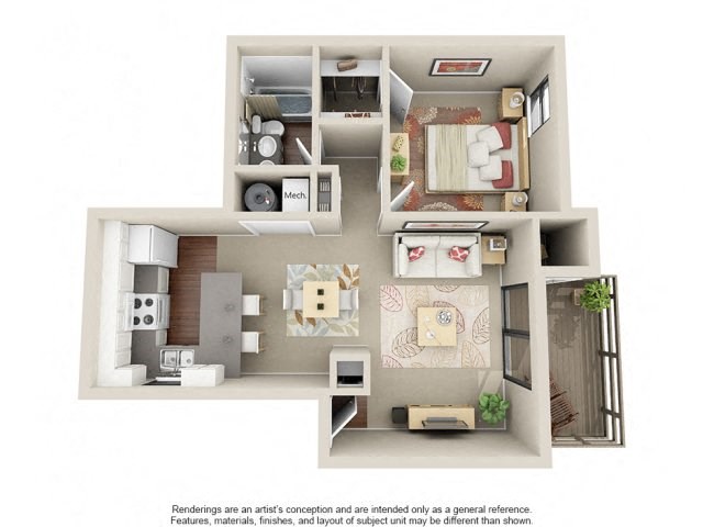 1 Bed 1 Bath Floor Plan