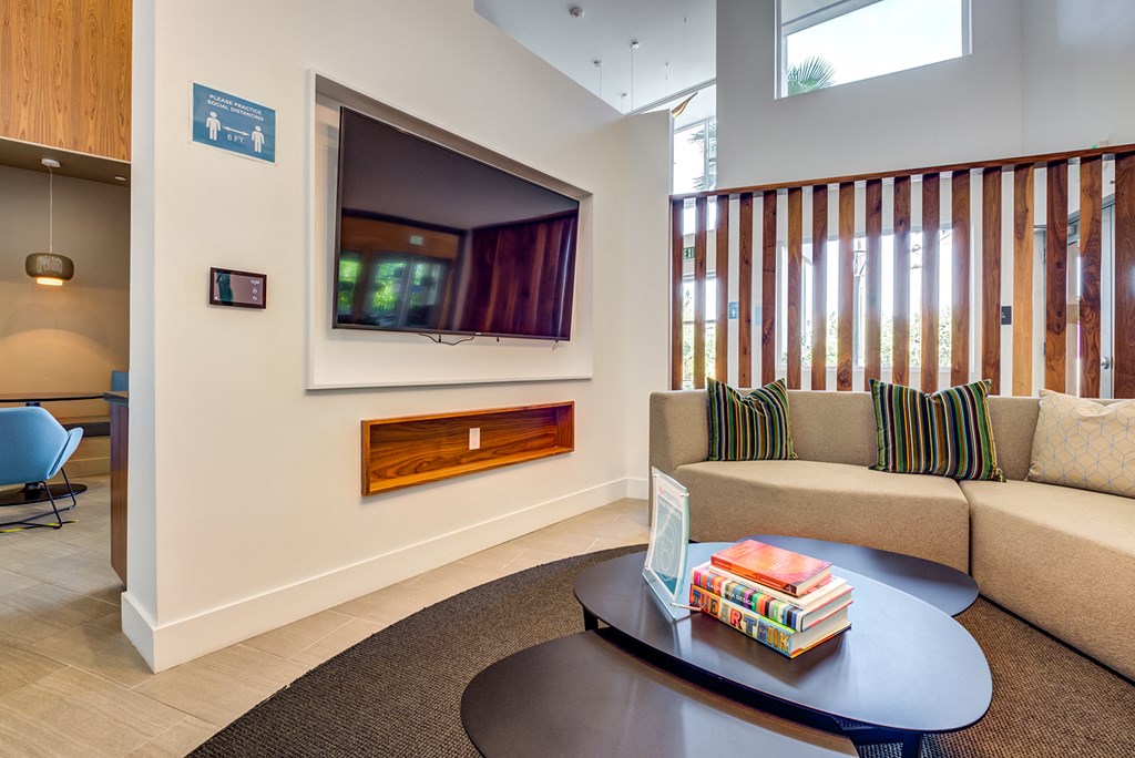 a living room with a couch and a television