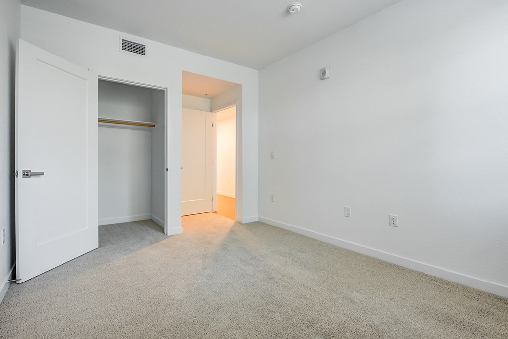 an empty living room with a door to a closet