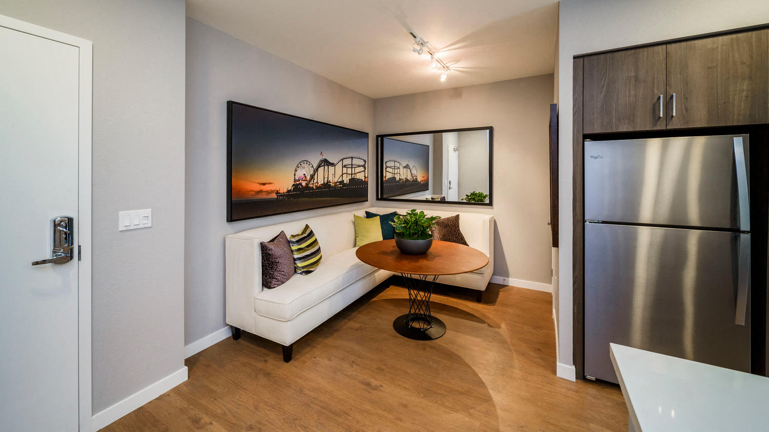a living room with a couch and a table
