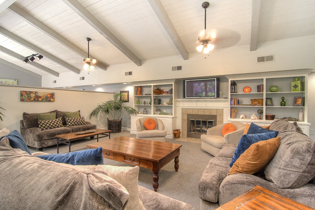 a living room with couches and a fireplace