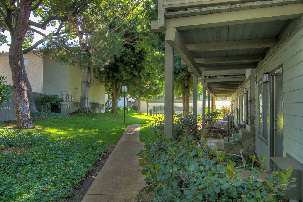 a sidewalk in front of a building with trees and grass