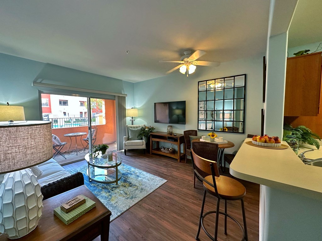 a living room with a couch and a table