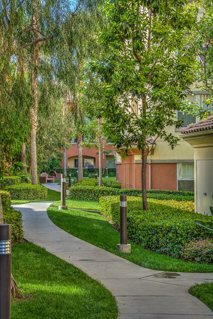 a path through the trees and grass in front of a building