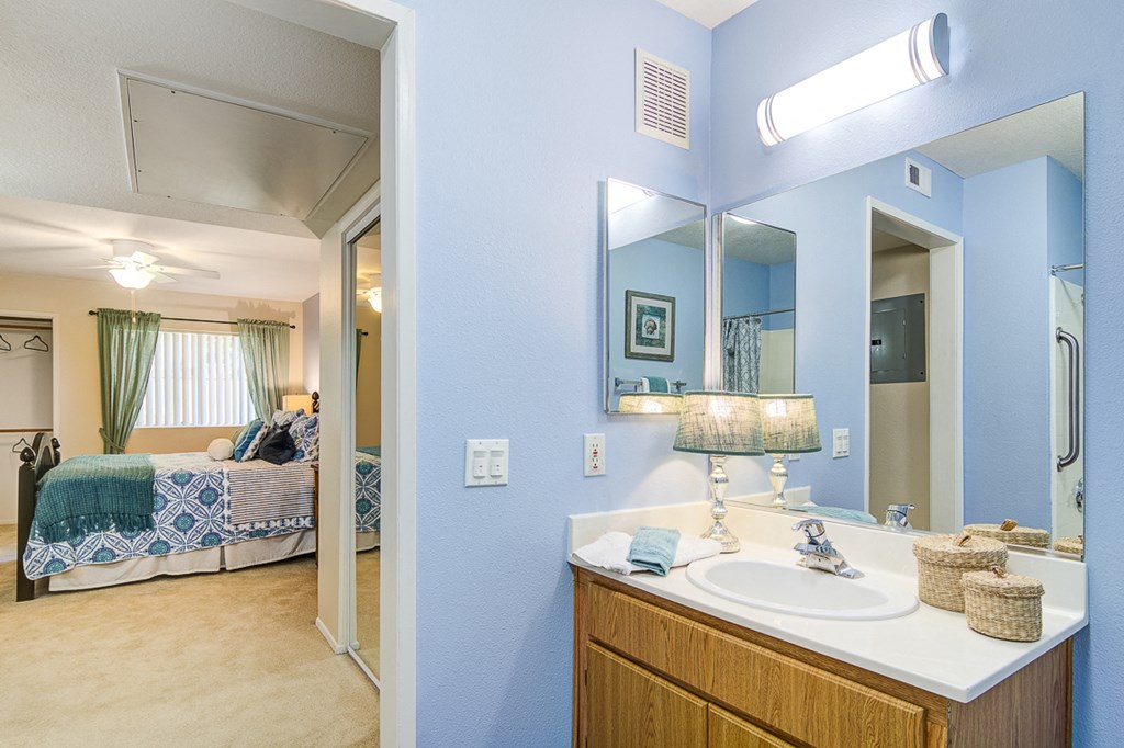 a bathroom with a sink and a mirror and a bedroom