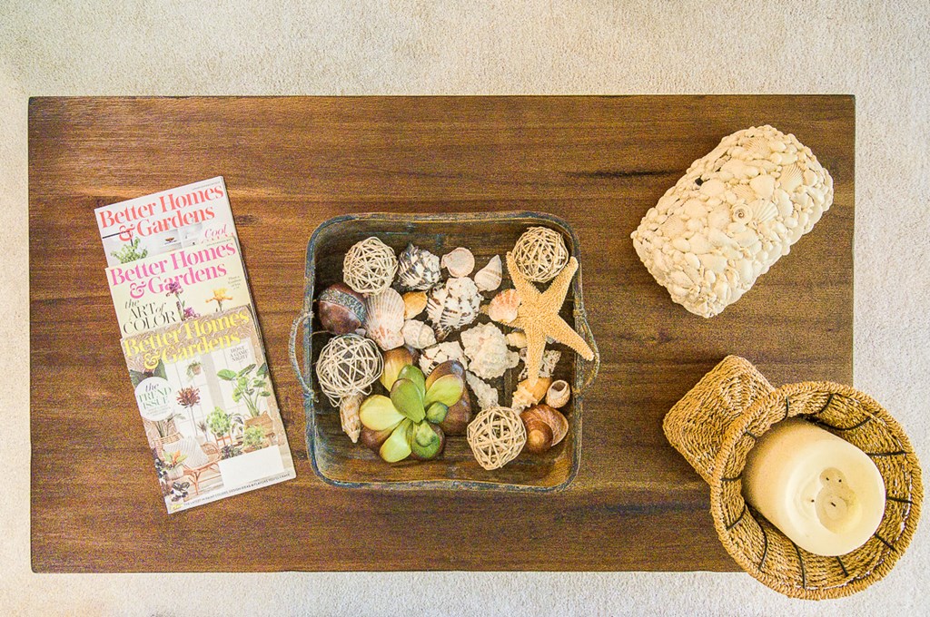 a tray of shells on a wooden table with a book and a candle