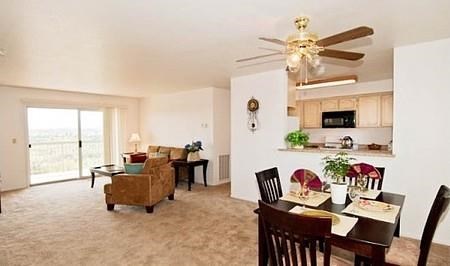 a living room and dining room with a table and chairs