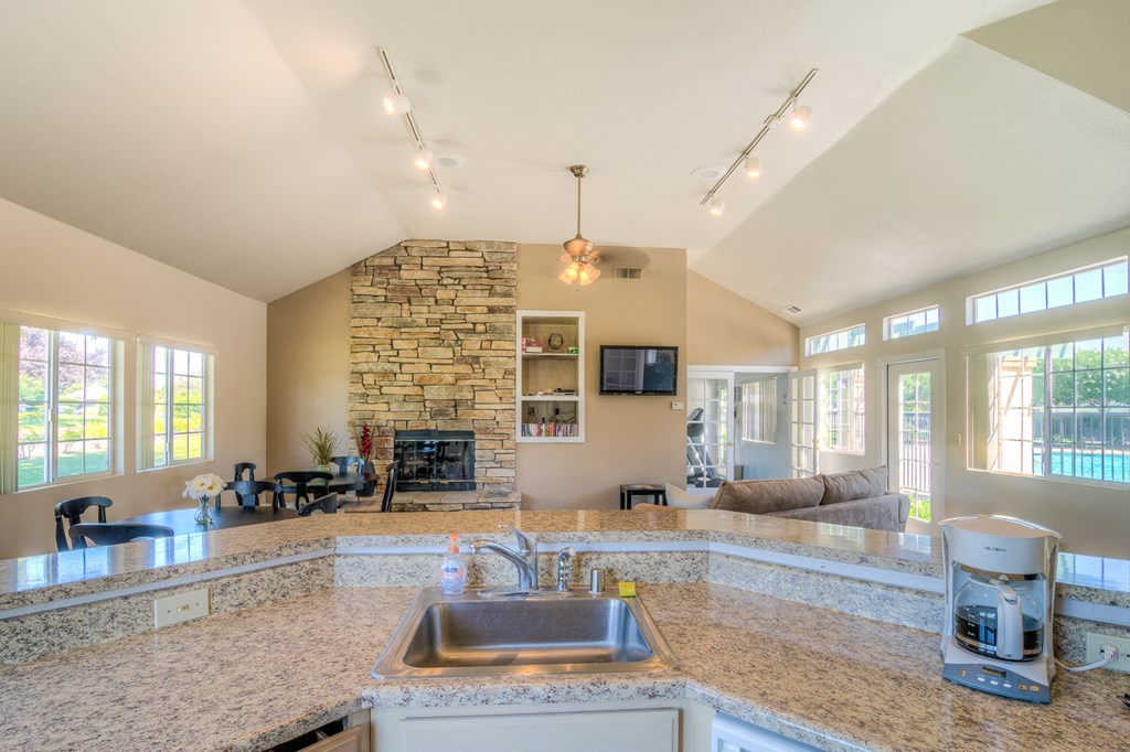 the view from the kitchen into the living room