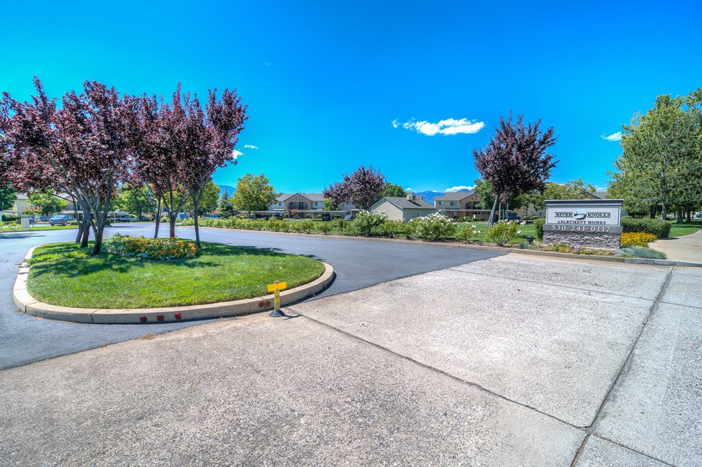 a roundabout with trees and a sign in the middle of a street