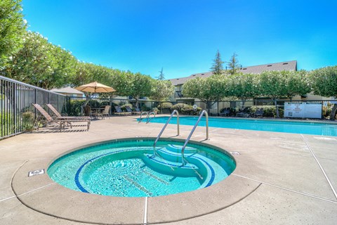 a swimming pool with a hot tub and a resort style fenced in area