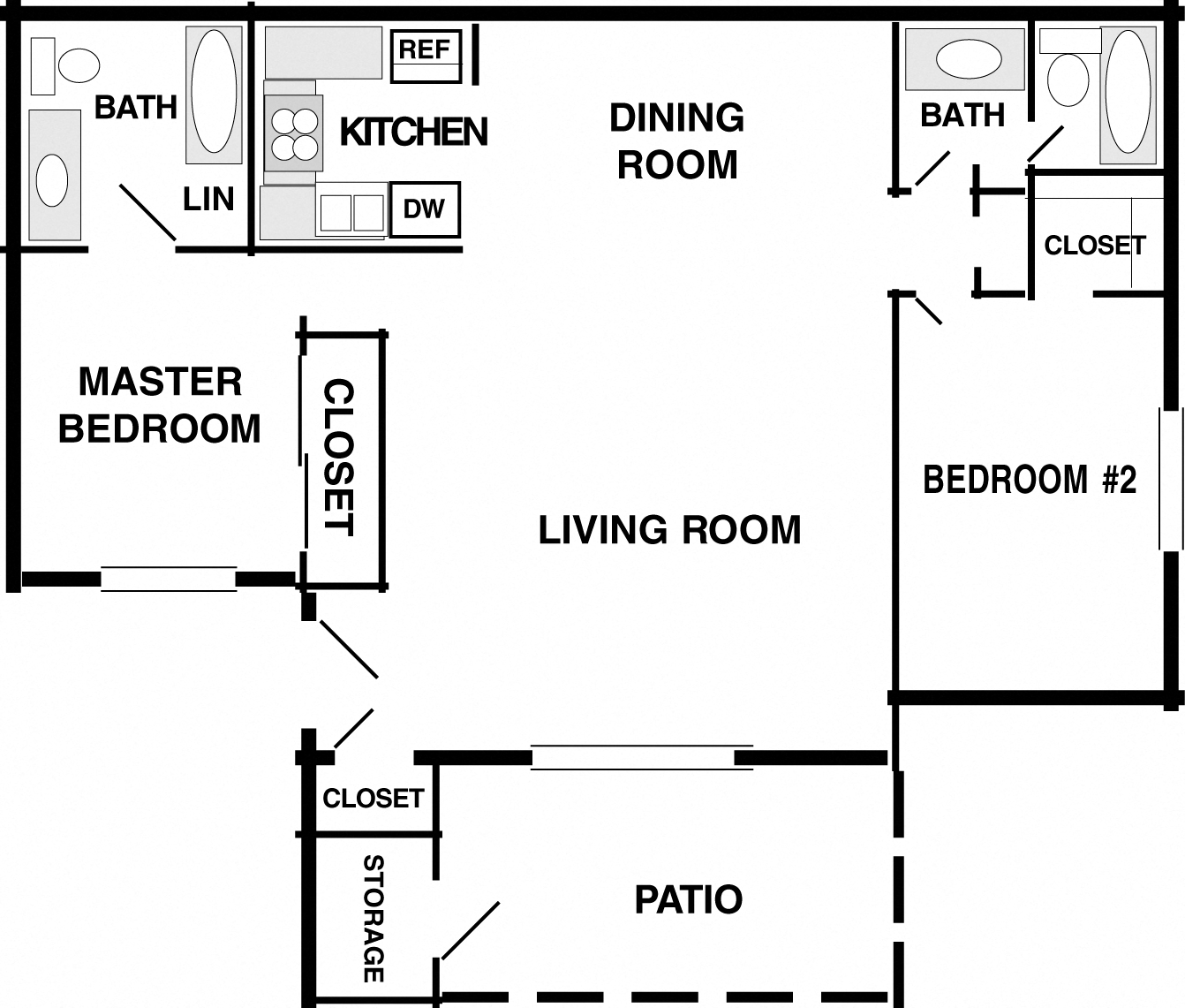 2 bedroom, 2 bath split