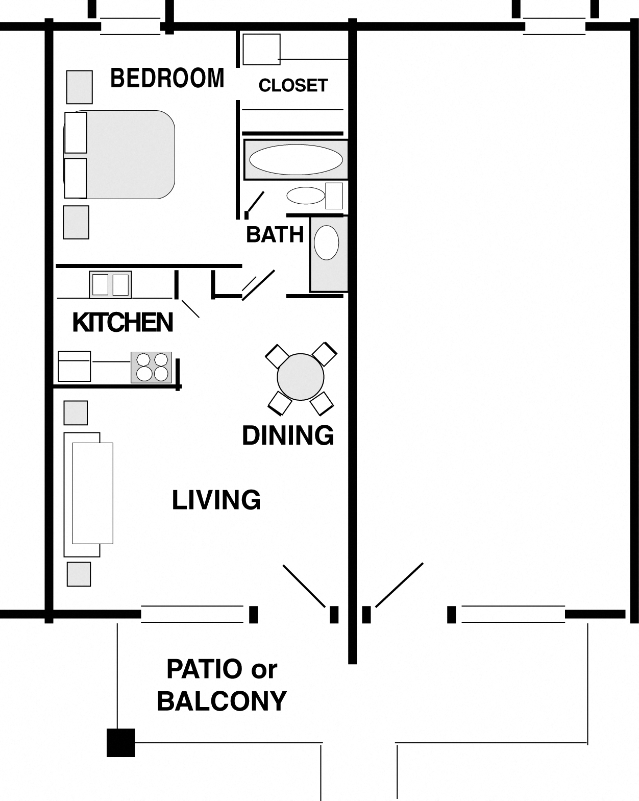 1 bedroom, 1 bath