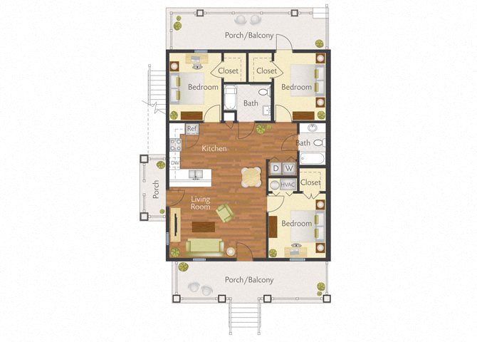 3 Bedroom 2 Bath-2D Floorplan-Marrero Commons Apartments, New Orleans, LA