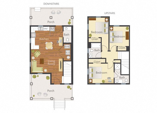 3 Bedroom 2.5 Bath-2D Floorplan-Marrero Commons Apartments, New Orleans, LA