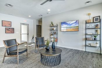 A living room with a television, chairs, and shelves.