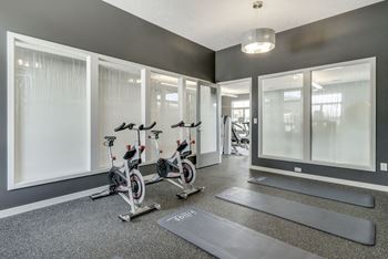 A room with exercise equipment and a grey floor.