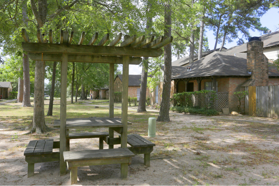 a picnic area with benches and a pergola