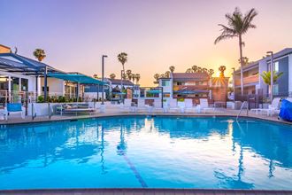 Pool View In Dusk at Beverly Plaza Apartments, Long Beach, CA, 90815