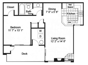 1 Bed Floor Plan at Arroyo Villa Apartments, California