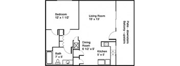 1 Bed1 Bath Floor Plan at Redlands Park Apts, Redlands, CA