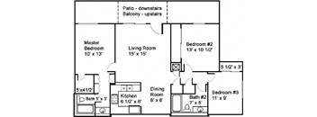 3 Bed 2 Bath Floor Plan at Redlands Park Apts, California