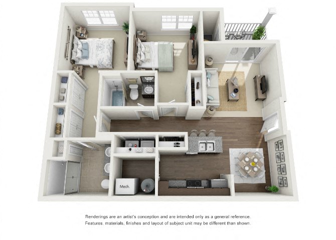 Two bedroom floor plan of luxury apartments in Virginia Beach, VA