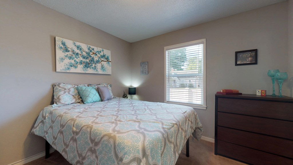a bedroom with a bed and a dresser and a window