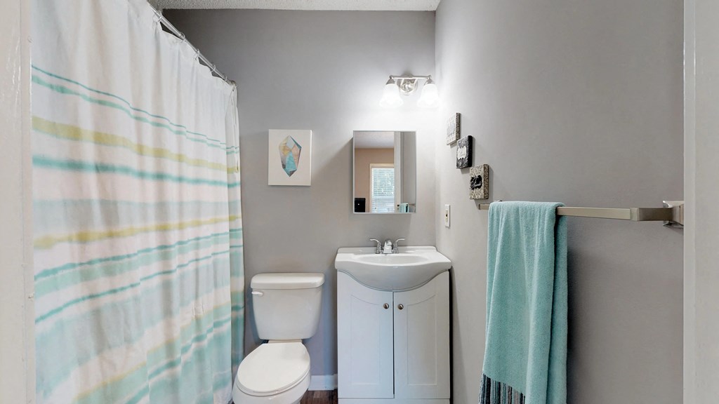 a bathroom with a white toilet and a blue shower curtain