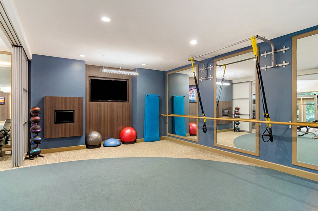 A gym with a mirror, a television, and exercise balls.