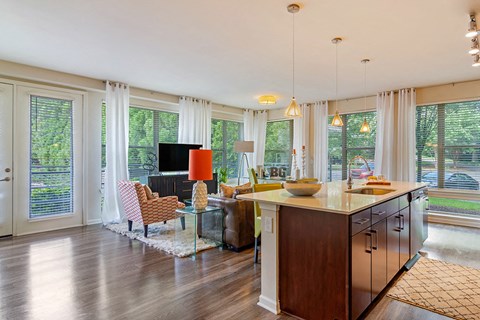 a living room with a kitchen and a television