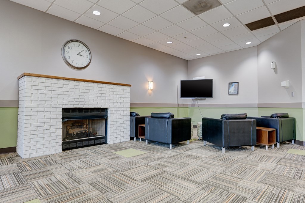 a room with couches and a fireplace and a tv