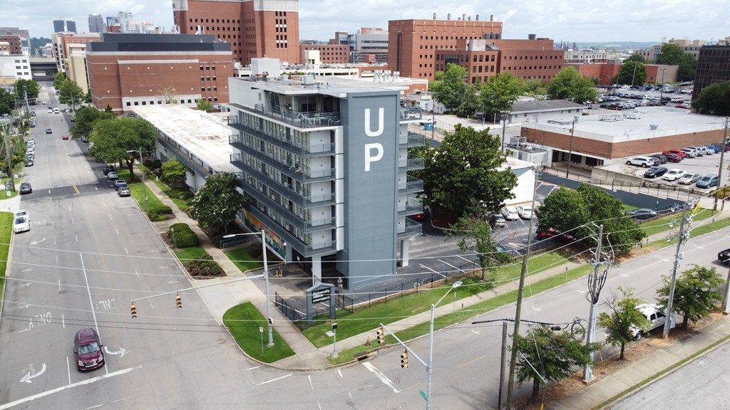 an aerial view of the ups building in the city