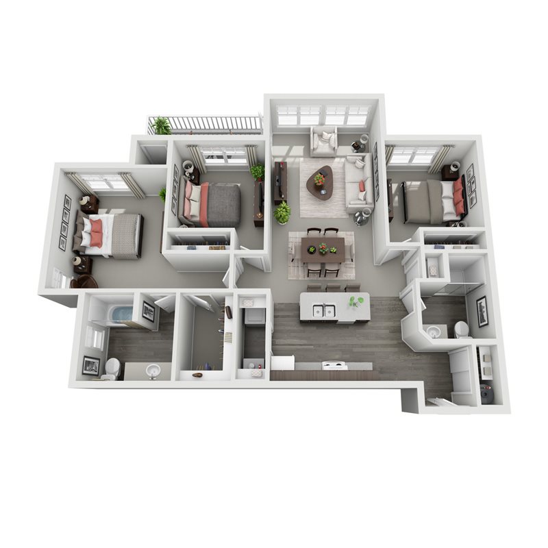 Three bedroom two bath Hemlock 3D floorplan 3D floorplan for Hemlock three bedroom two bath
