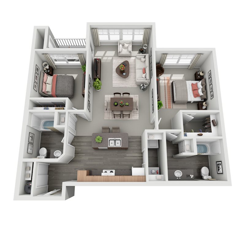 Two bedroom two bath Spruce 3D Floorplan 3D floorplan for Spruce two bedroom two bath