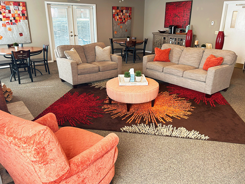 a living room with couches and chairs and a rug