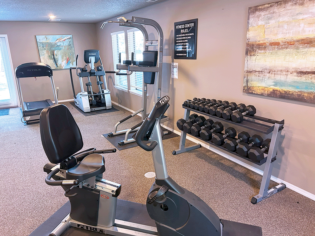 a gym with weights and cardio equipment at the enclave at university crossings apartments