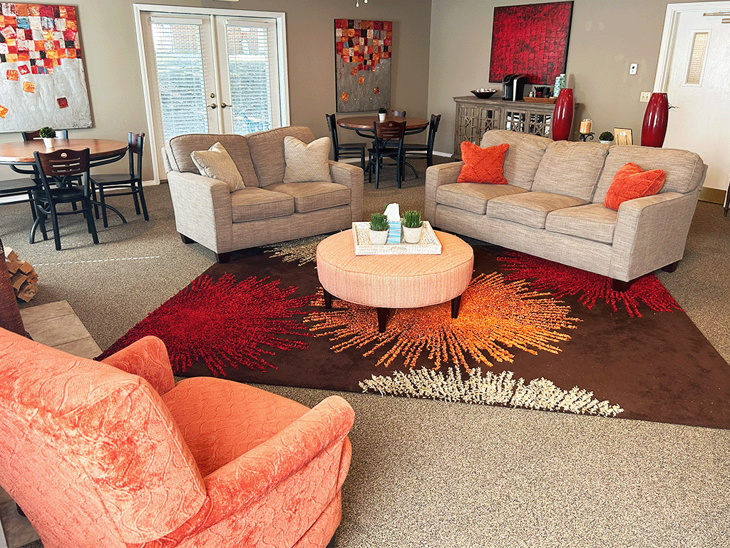 a living room with couches and chairs and a rug