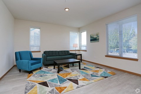 a living room with a rug and two couches and two windows