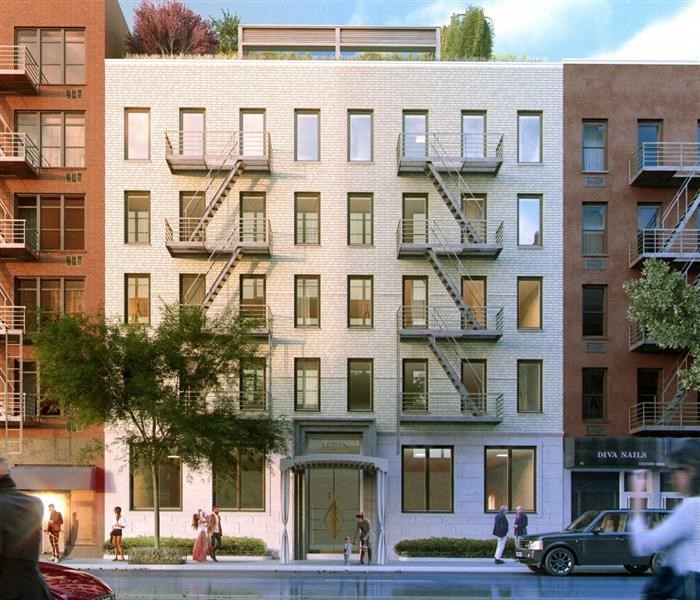 a rendering of an apartment building with people walking in front of it