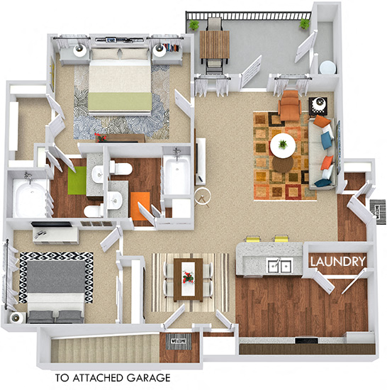 Congress with Attached Garage 3D 2 bedroom apartment. Kitchen with bartop open to living/dining rooms. 2 full bathrooms. Walk-in closet in master. Closet in 2nd bedroom. Patio area. Stairs to garage.