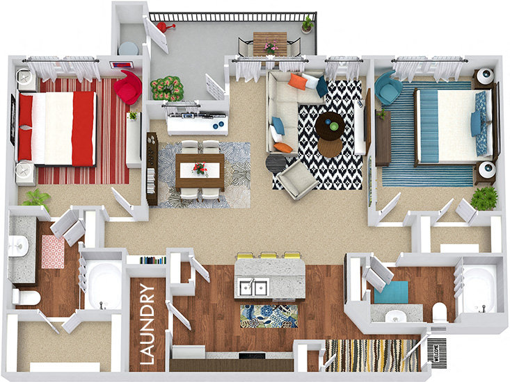 Majestic 3D 2 bedroom apartment. Kitchen with island open to living & dining rooms. 2 full bathrooms. Walk-in closet in both bedrooms. Patio/balcony.